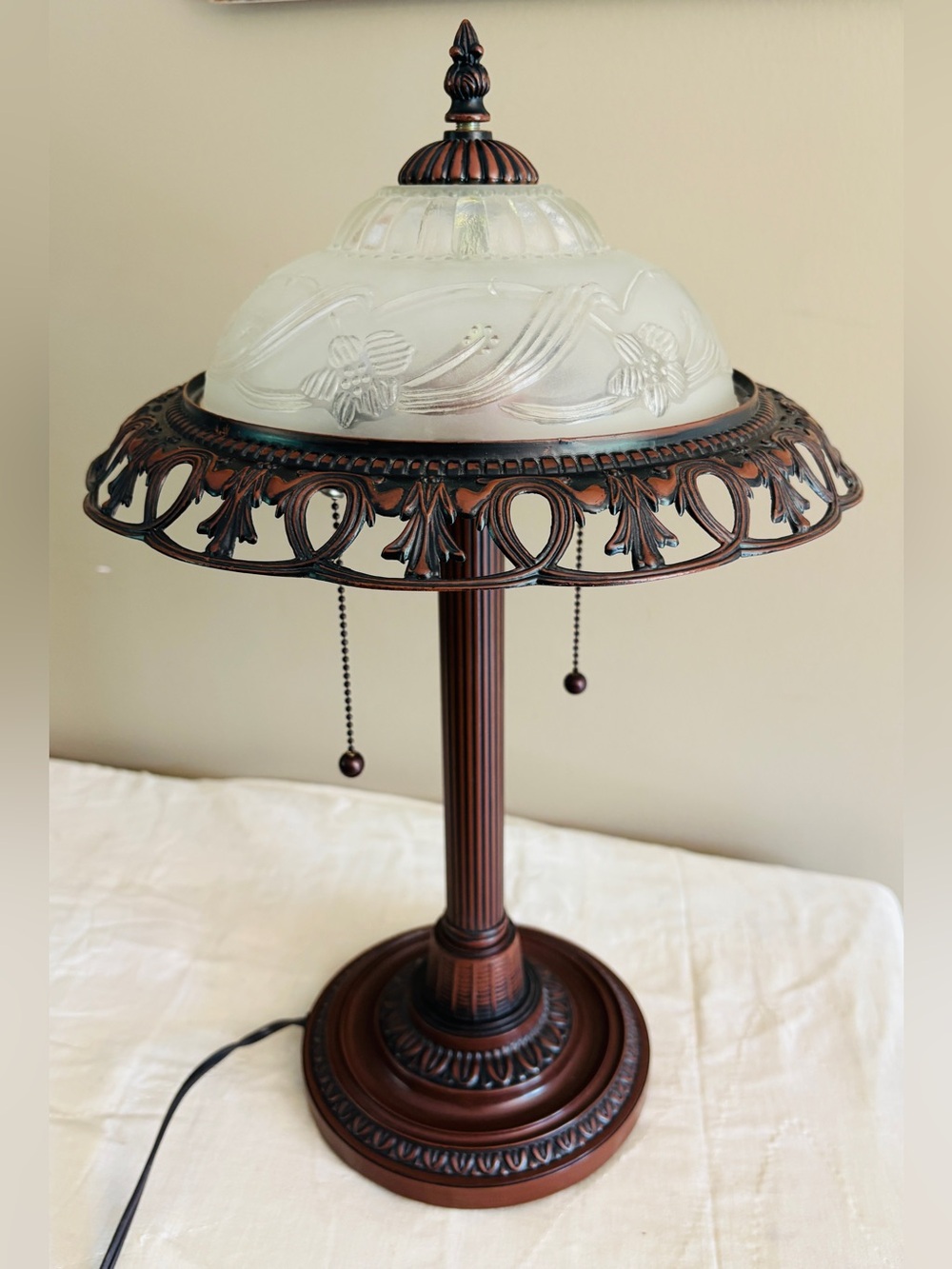 Vintage Bronze Table Lamp with Frosted Floral Glass Shade - Heavy!